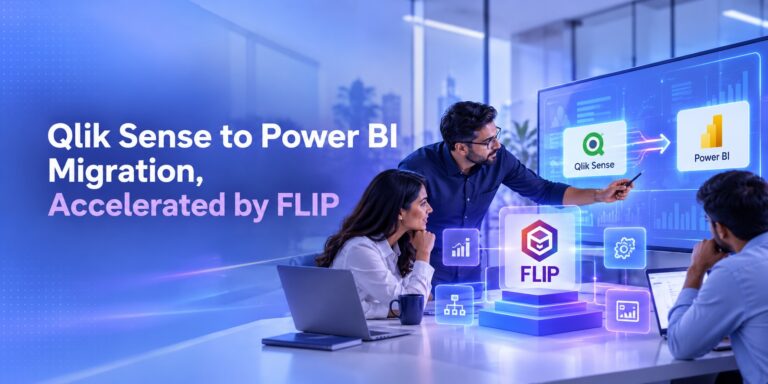 Kanerika Datasheet cover for Qlik sense to Power BI data platform migration accelerated by FLIP datasheet