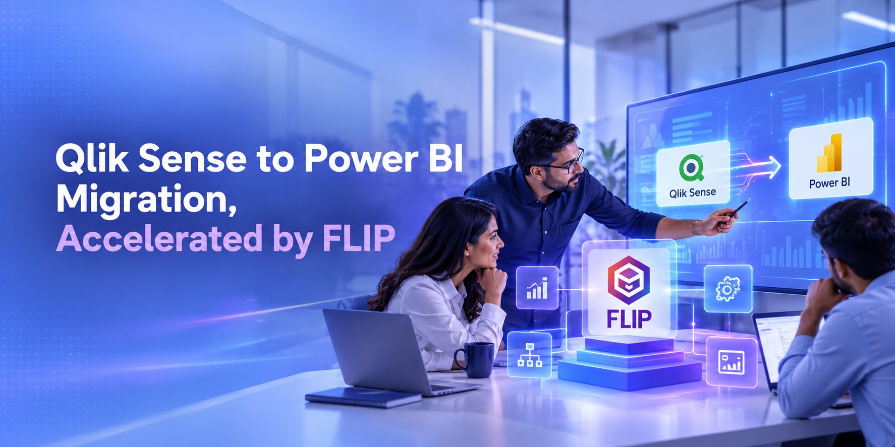 Kanerika Datasheet cover for Qlik sense to Power BI data platform migration accelerated by FLIP datasheet
