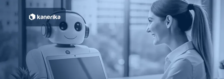 Smiling businesswoman looking at a friendly assistant robot with headphones and a laptop, a picture of people working alongside AI agents