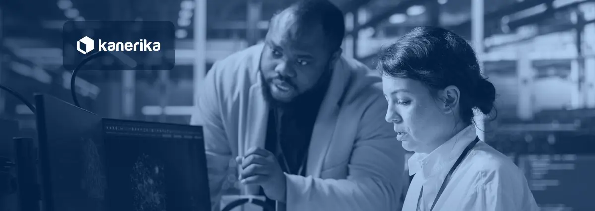 Data center manager and engineer reviewing an AI agent on a monitor, navy duotone banner for Kanerika's AI agent examples guide