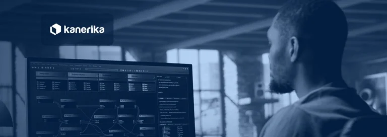 Engineer reviewing an AI agent workflow trace graph on a monitor, navy-toned Kanerika banner for AI agent observability
