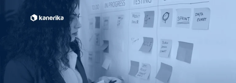 Project manager moving tasks across a To Do, In Progress, Testing and Done kanban board, navy-toned Kanerika banner for AI agents in project management