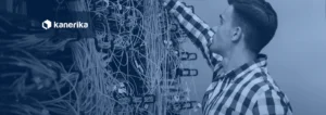Data engineer tracing cables in a server rack, navy-toned Kanerika banner for AI data pipelines
