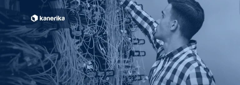 Data engineer tracing cables in a server rack, navy-toned Kanerika banner for AI data pipelines