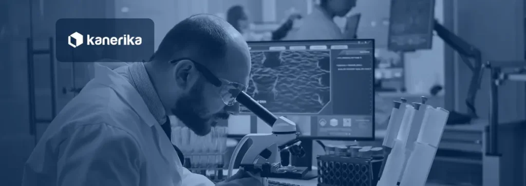 Kanerika banner for AI in drug discovery, a scientist reviewing molecular data in a research lab