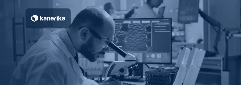 Kanerika banner for AI in drug discovery, a scientist reviewing molecular data in a research lab