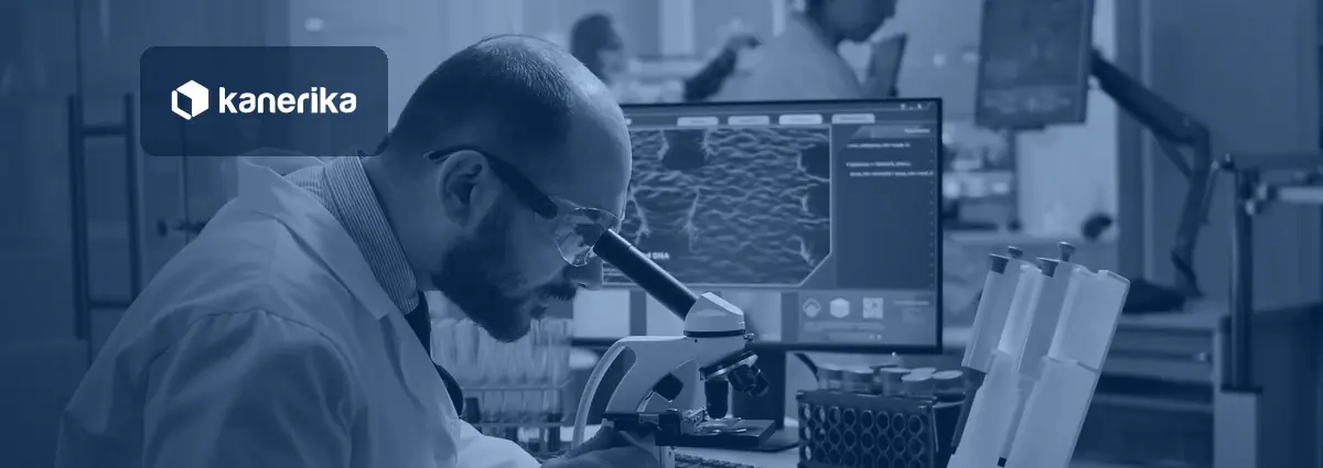 Kanerika banner for AI in drug discovery, a scientist reviewing molecular data in a research lab