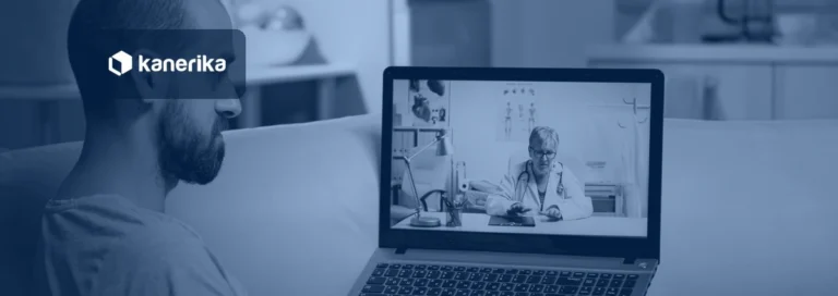 Patient on a laptop video consultation with a doctor at home, navy-toned Kanerika banner for AI in telemedicine