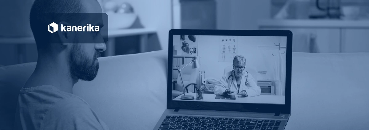 Patient on a laptop video consultation with a doctor at home, navy-toned Kanerika banner for AI in telemedicine