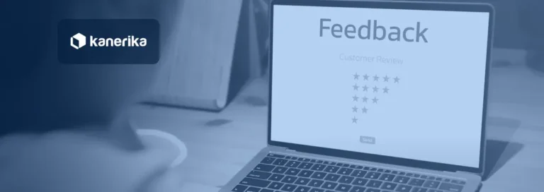 Person reading a customer feedback form with star ratings on a laptop screen, in a navy blue tint with the Kanerika logo, for a guide to how AI sentiment analysis works