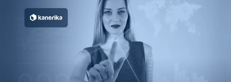 Professional touching a holographic display of charts and a world map, navy-toned Kanerika banner for AI trends