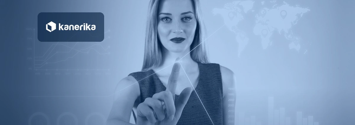 Professional touching a holographic display of charts and a world map, navy-toned Kanerika banner for AI trends