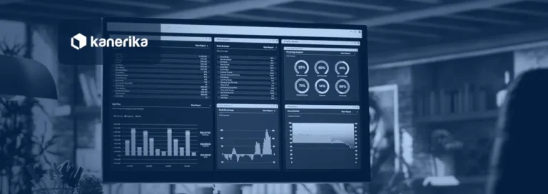 Kanerika blog banner for AI workflow automation, showing a desktop monitor with finance operations dashboards and reports