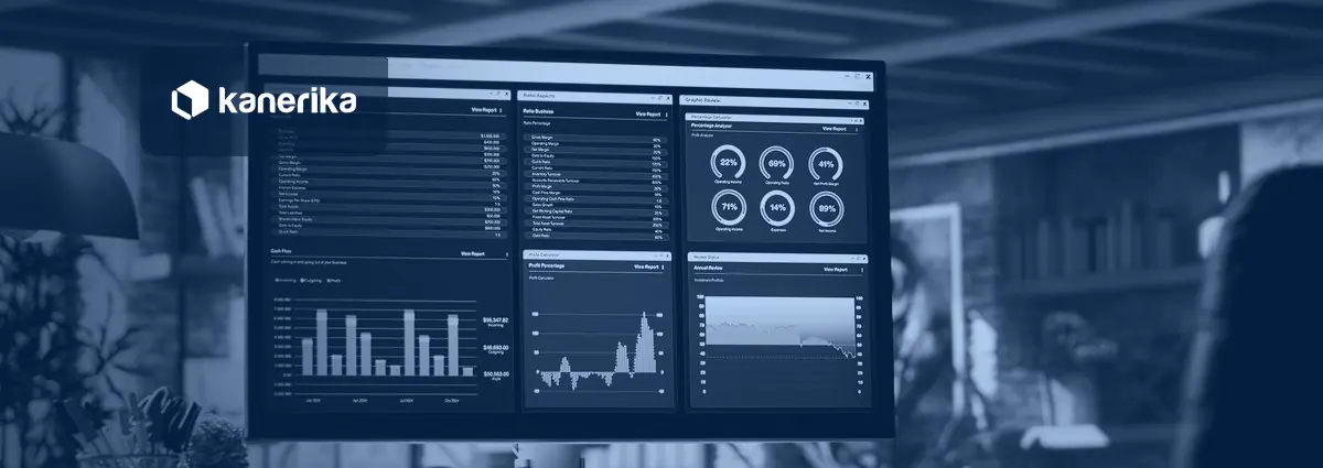 Kanerika blog banner for AI workflow automation, showing a desktop monitor with finance operations dashboards and reports