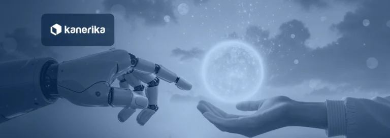 Robotic hand and human hand reaching toward a glowing sphere at sunrise, navy-toned Kanerika banner for augmented intelligence vs artificial intelligence
