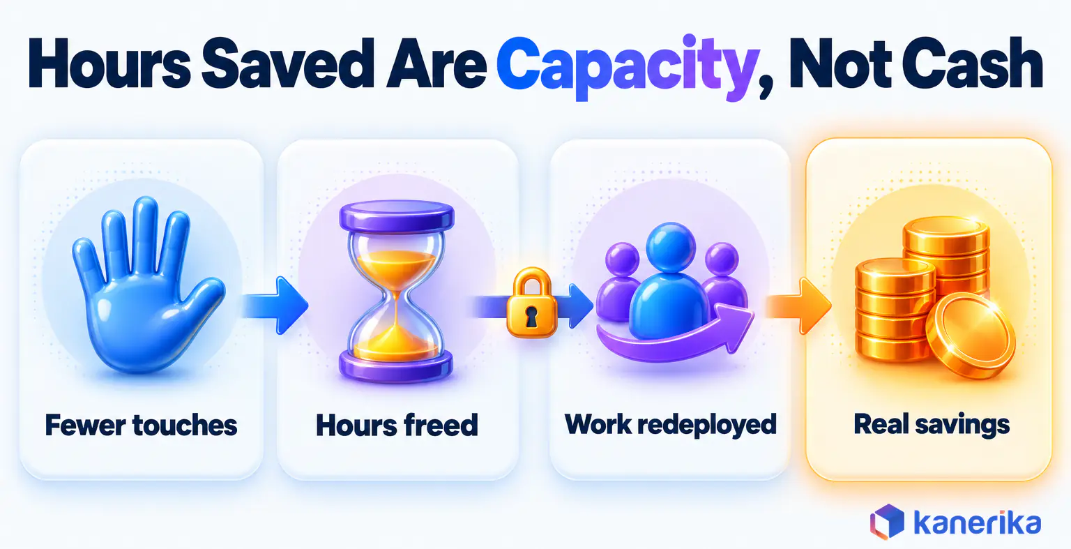 Kanerika infographic showing that hours freed by logistics automation are capacity, and become cash savings only when the work is redeployed
