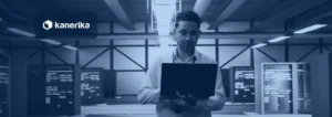 Technician with a laptop in a data center, banner for Azure SQL vs SQL Server
