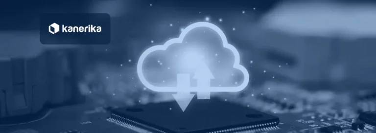 Kanerika blog banner for cloud data integration, a glowing cloud with upload and download arrows above a circuit board