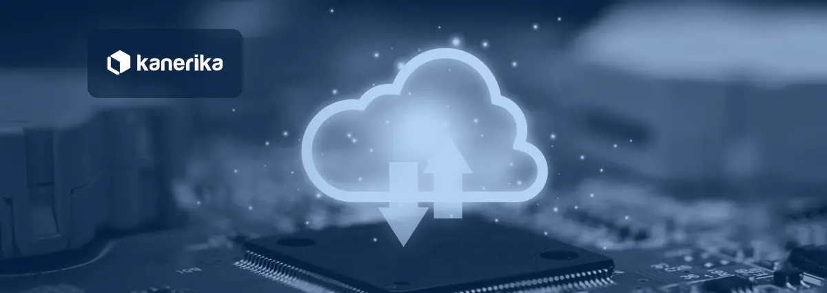Kanerika blog banner for cloud data integration, a glowing cloud with upload and download arrows above a circuit board