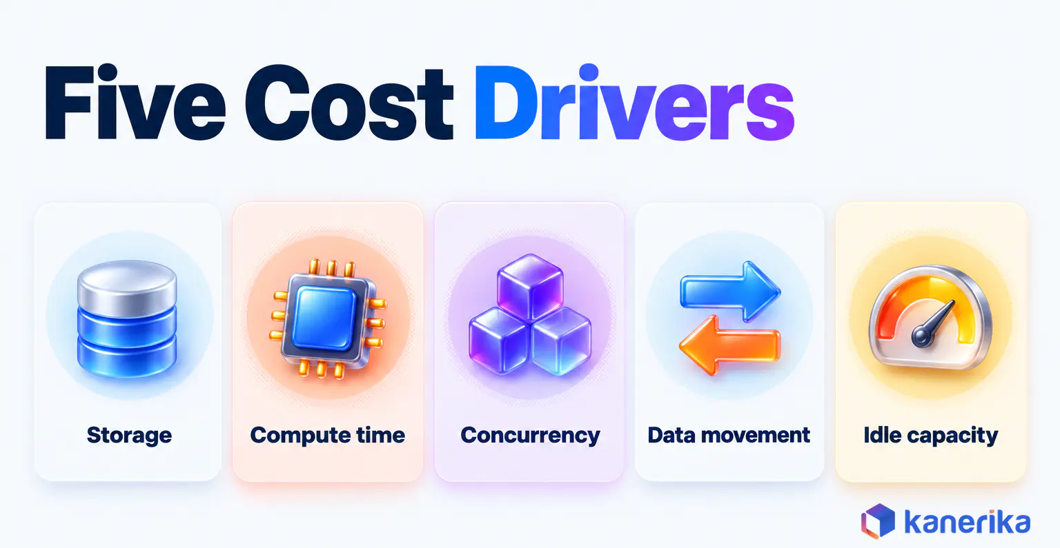Kanerika infographic of the five cloud data warehouse cost drivers: storage, compute time, concurrency, data movement and idle capacity
