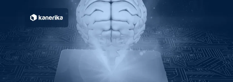 Kanerika blog banner for cognitive computing, a glowing 3D brain above a circuit board processor
