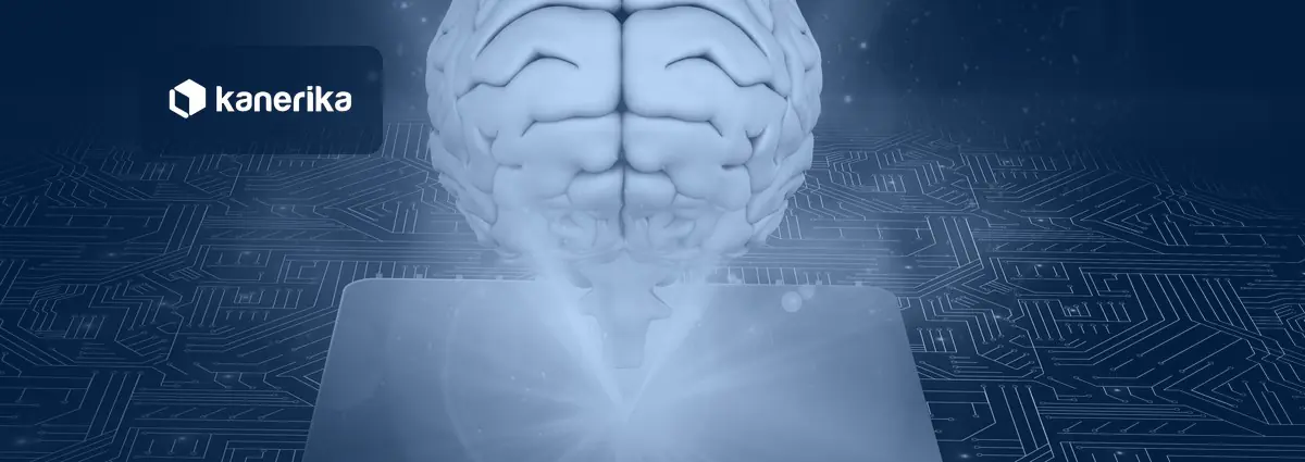 Kanerika blog banner for cognitive computing, a glowing 3D brain above a circuit board processor