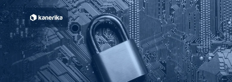 Padlock resting on a computer circuit board, navy-toned Kanerika banner for data governance frameworks