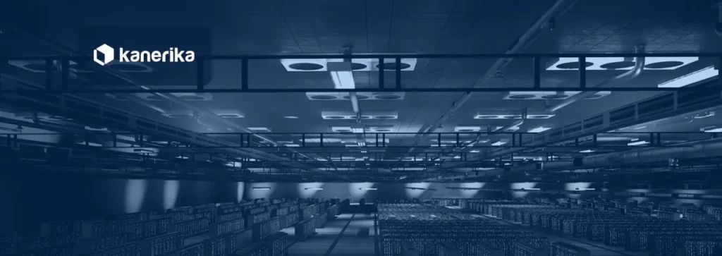Dark navy server hall with long aisles of data center racks under overhead cable trays, a banner for data governance principles