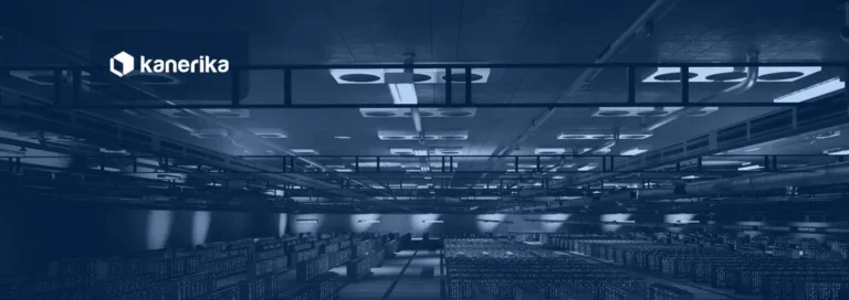 Dark navy server hall with long aisles of data center racks under overhead cable trays, a banner for data governance principles