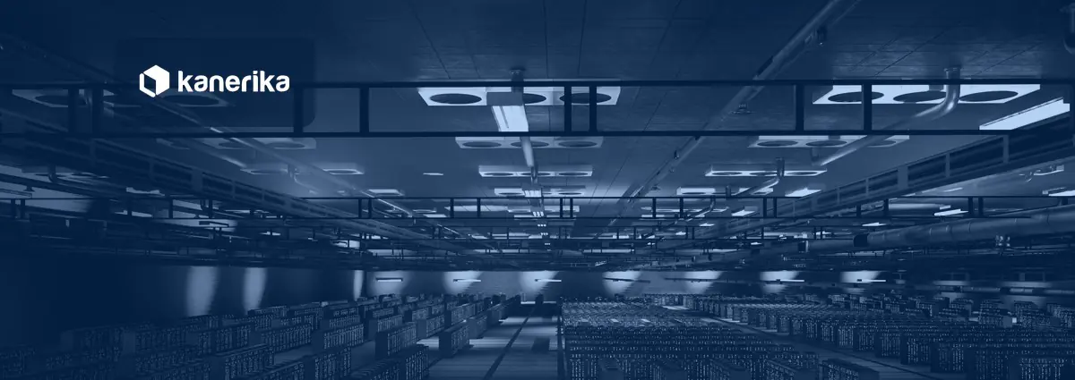 Dark navy server hall with long aisles of data center racks under overhead cable trays, a banner for data governance principles