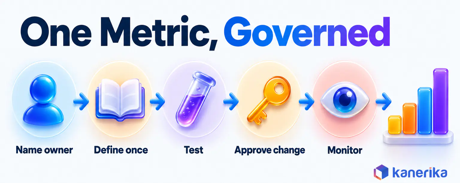 Kanerika infographic of one metric governed end to end, name the owner, define once, test, approve changes and monitor