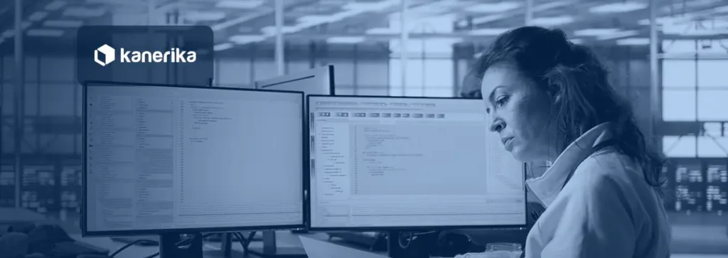 Data integrity testing: an analyst checks records against documentation beside two monitors of query results in a data operations room