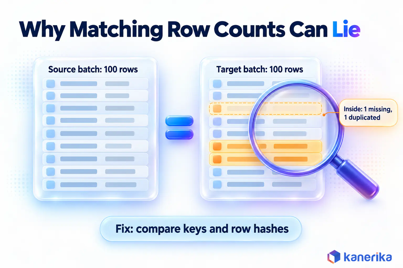 Kanerika infographic showing why matching row counts can hide errors, a source and target batch of 100 rows each where one row is missing and one is duplicated