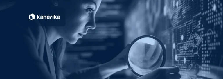 Professional inspecting data with a magnifying glass, navy-toned Kanerika banner for data integrity vs data quality