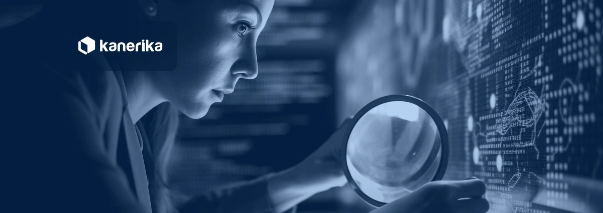 Professional inspecting data with a magnifying glass, navy-toned Kanerika banner for data integrity vs data quality