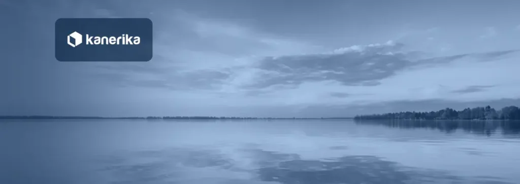 Kanerika banner for Data Lake vs Data Swamp, a calm lake in navy duotone