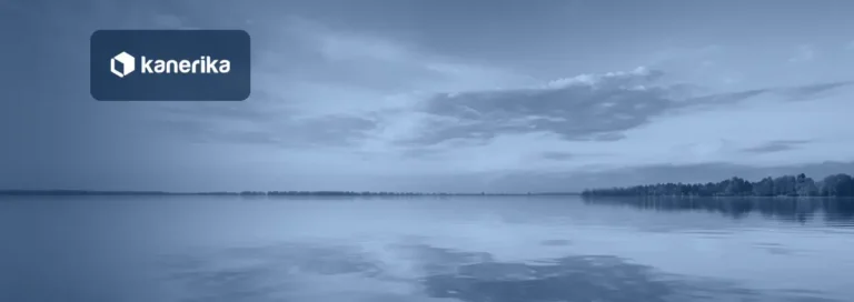 Kanerika banner for Data Lake vs Data Swamp, a calm lake in navy duotone