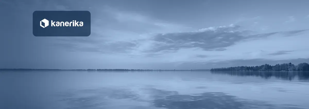 Kanerika banner for Data Lake vs Data Swamp, a calm lake in navy duotone