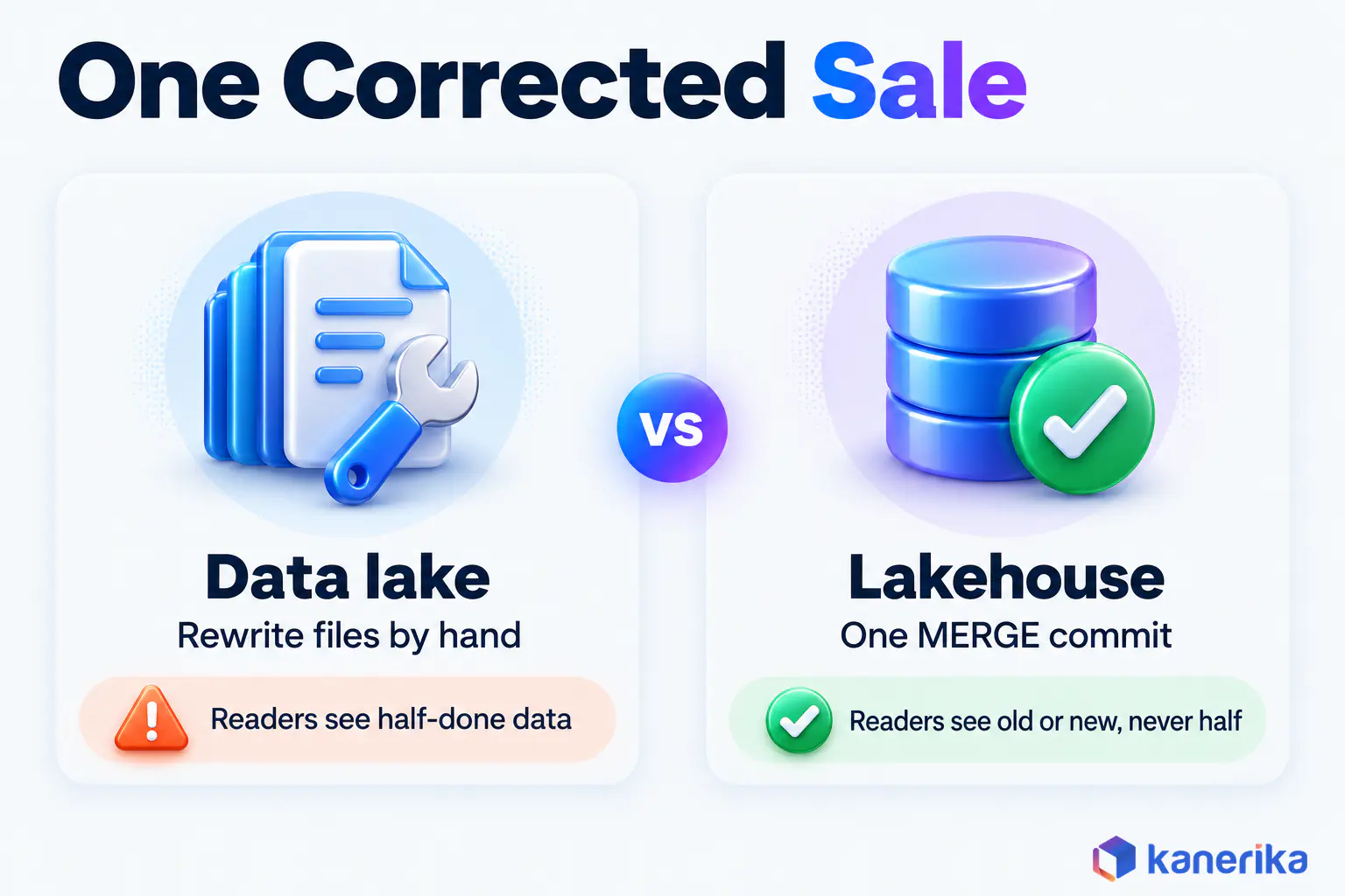 Kanerika infographic comparing one corrected sale in a data lake, where files are rewritten by hand and readers see half-done data, with a lakehouse, where one MERGE commit means readers see old or new data, never half
