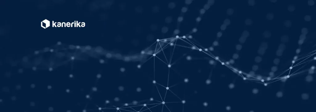 Kanerika blog banner for data modeling tools for business intelligence, showing a glowing blue network of connected data points