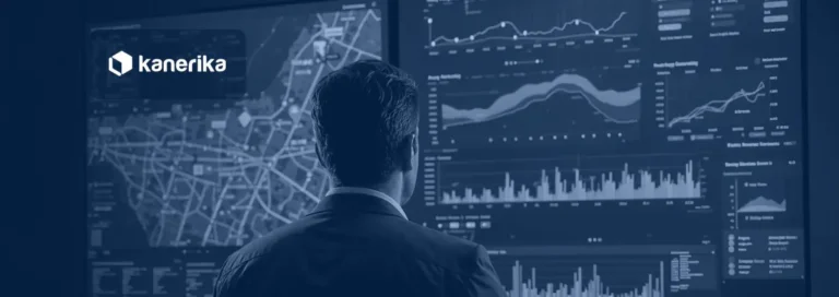Analyst in a suit seen from behind, watching large wall screens of data dashboards, charts and a map in a navy tint, for a post on data observability