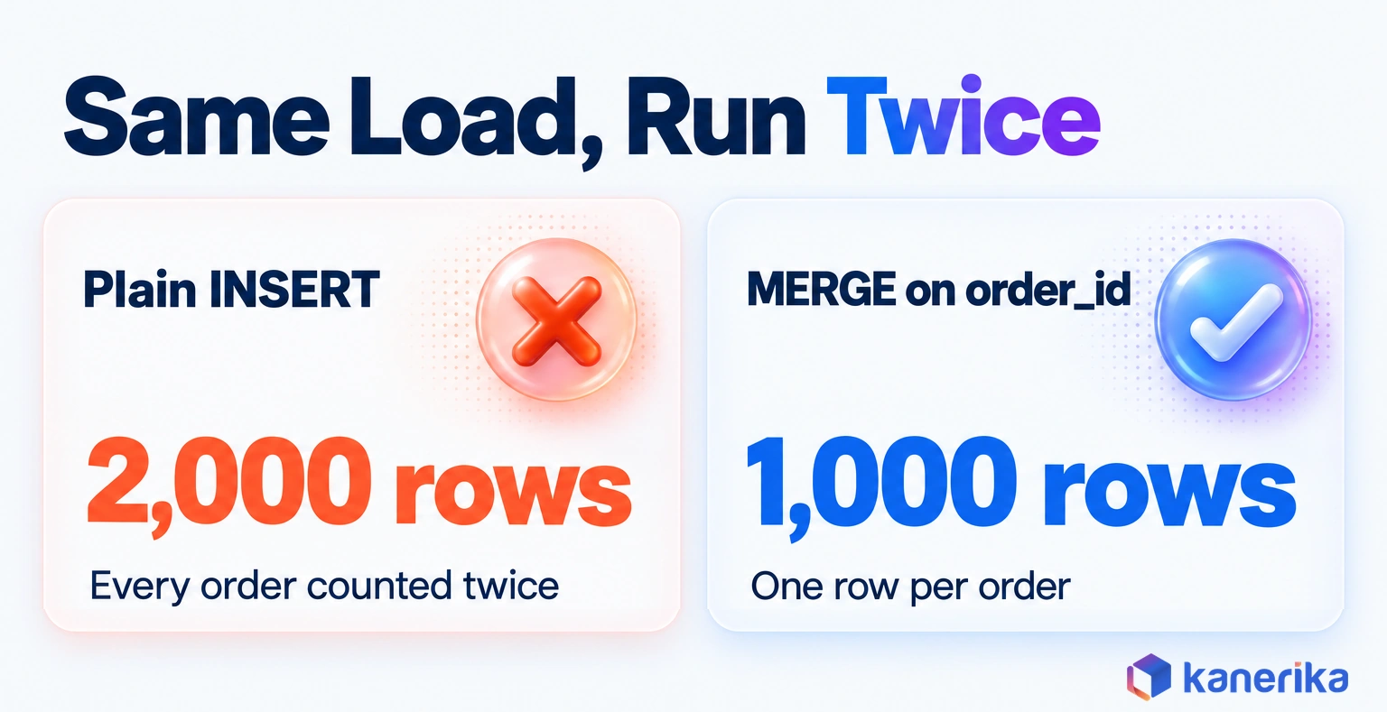 Kanerika infographic comparing the same load run twice: a plain insert leaves 2,000 rows with every order doubled, while a merge on order_id leaves 1,000 rows with one row per order