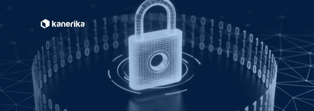 Glowing neon padlock encircled by a ring of binary code, representing data warehouse security in Microsoft Fabric, shown in a navy blue tint with the Kanerika logo