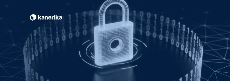 Glowing neon padlock encircled by a ring of binary code, representing data warehouse security in Microsoft Fabric, shown in a navy blue tint with the Kanerika logo