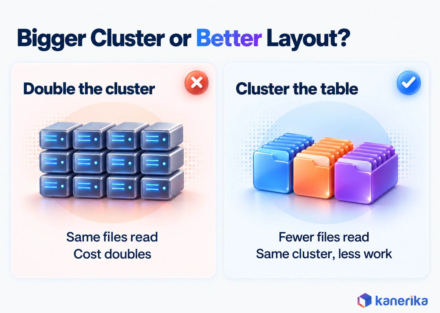 Kanerika Databricks performance optimization infographic comparing doubling a cluster, which reads the same files at double the cost, with clustering the table, which reads fewer files on the same cluster