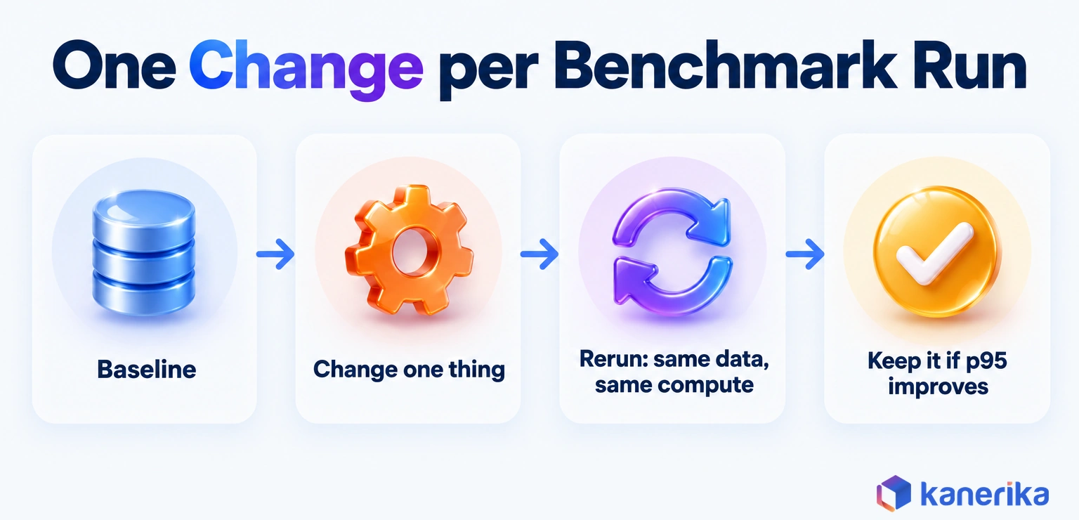 Kanerika infographic of a one-change benchmark loop for Databricks: baseline, change one thing, rerun on the same data and compute, keep it if p95 latency improves