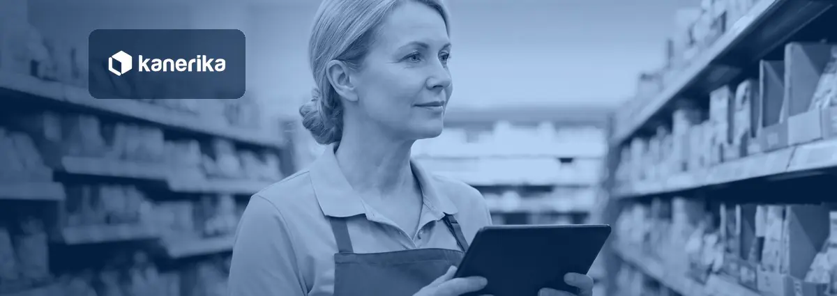 Woman in a retail store aisle holding a tablet to check stock, shown in a navy blue tint with the Kanerika logo, for a post on digital transformation use cases in retail