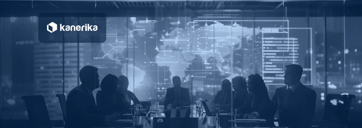 Silhouetted business executives around a boardroom table in front of a glowing data network map, representing enterprise data governance decisions and ownership