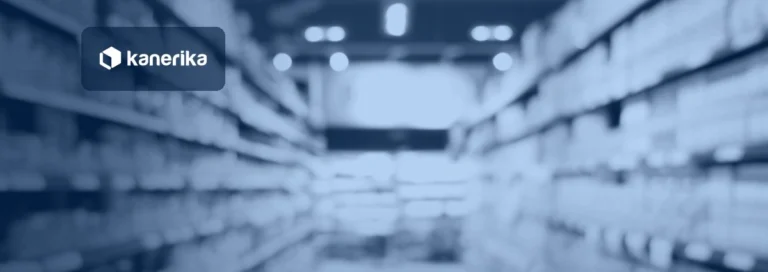 Supermarket aisle with shelves of packaged consumer goods, representing generative AI in FMCG, shown in a navy blue tint with the Kanerika logo
