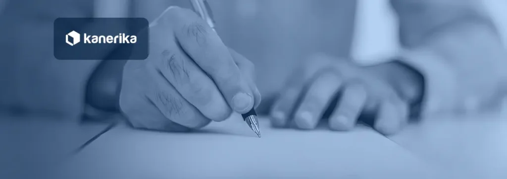 Hands of an insurance claims adjuster signing a claim document with a pen at a desk, banner for generative AI in insurance use cases and strategy